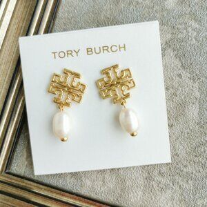 Tory Burch Britton Logo Gold White Pearl Earrings